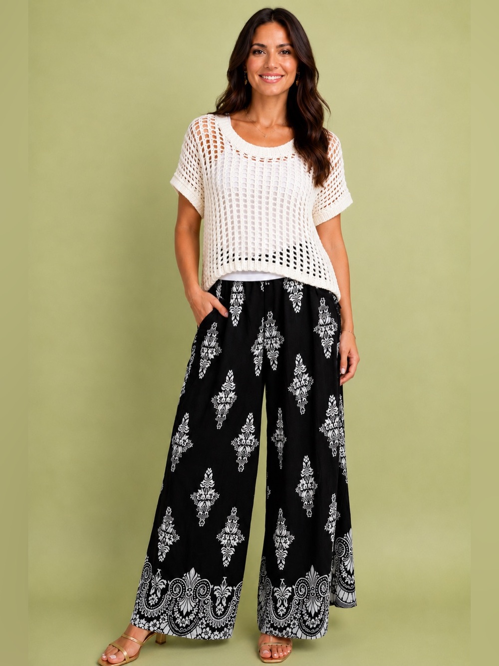 Wide Leg Black & White Print Pants for Women